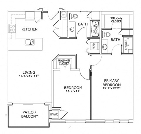 Floor plan for 2 beds, 2 baths, 1112 sqft
